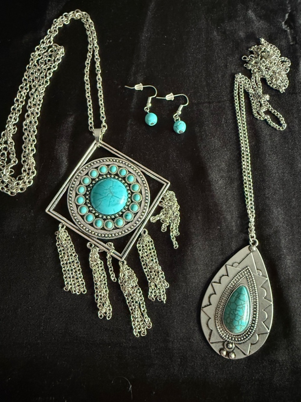 Turquoise Stone Silver Pendant Necklace and Earrings Set - Women Jewelry